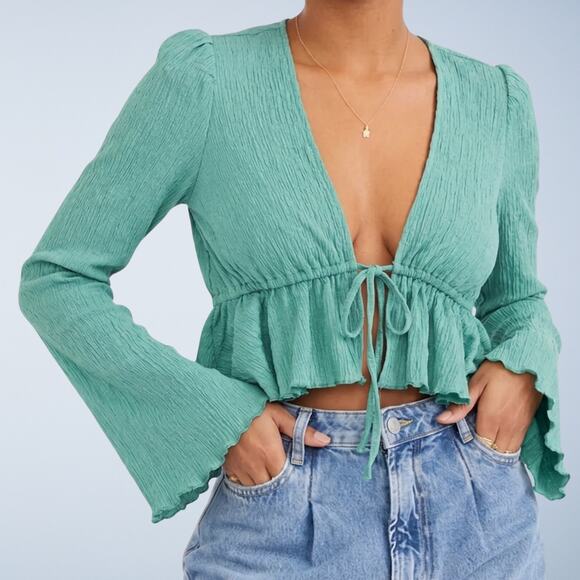 Urban Outfitters Tops - Urban Outfitters Lucielle Ruffle Tie-Front Peplum Blouse Top Green Size Small